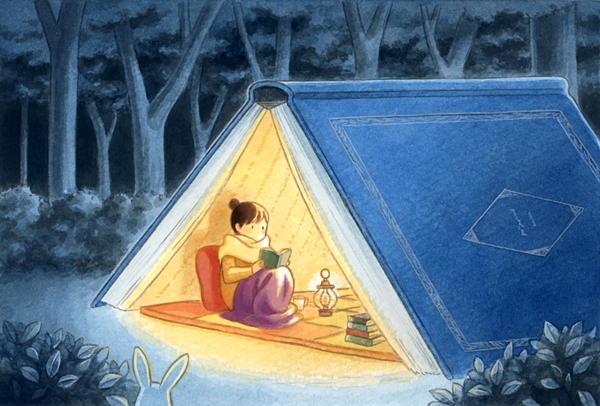 ._. acrylic_paint_(medium) blanket book book_stack brown_hair bunny bush commentary cup cushion forest hair_bun holding holding_book knees_up lamp long_sleeves nature original outdoors reading scarf shirt sitting suijou_ai tent traditional_media tree yellow_shirt