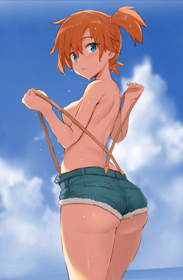 1girl ass back bangs bare_arms bare_shoulders blue_sky blush breasts closed_mouth cloud commentary_request convenient_censoring day denim denim_shorts from_behind green_eyes hair_ornament hair_scrunchie kasumi_(pokemon) looking_at_viewer medium_breasts noripachi orange_hair outdoors pokemon pokemon_(anime) pokemon_(classic_anime) scrunchie short_hair short_shorts shorts side_ponytail sky solo suspender_shorts suspenders suspenders_pull thighs topless wet wet_clothes