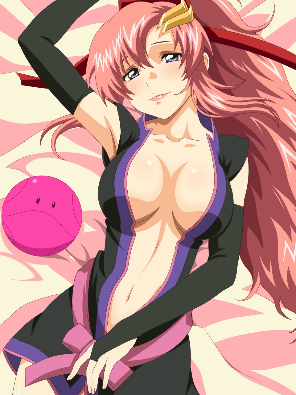 1girl arm_up bed_sheet black_kimono black_sleeves blue_eyes breasts bridal_gauntlets cleavage closed_mouth collarbone detached_sleeves from_above gundam gundam_seed gundam_seed_destiny hair_between_eyes hair_ornament hair_ribbon haro head_tilt highres japanese_clothes kh-fullhouse kimono lacus_clyne long_hair long_sleeves looking_at_viewer lying medium_breasts midriff navel on_back open_clothes open_kimono pink_hair ponytail red_ribbon ribbon shiny shiny_hair short_kimono sleeveless sleeveless_kimono smile stomach very_long_hair