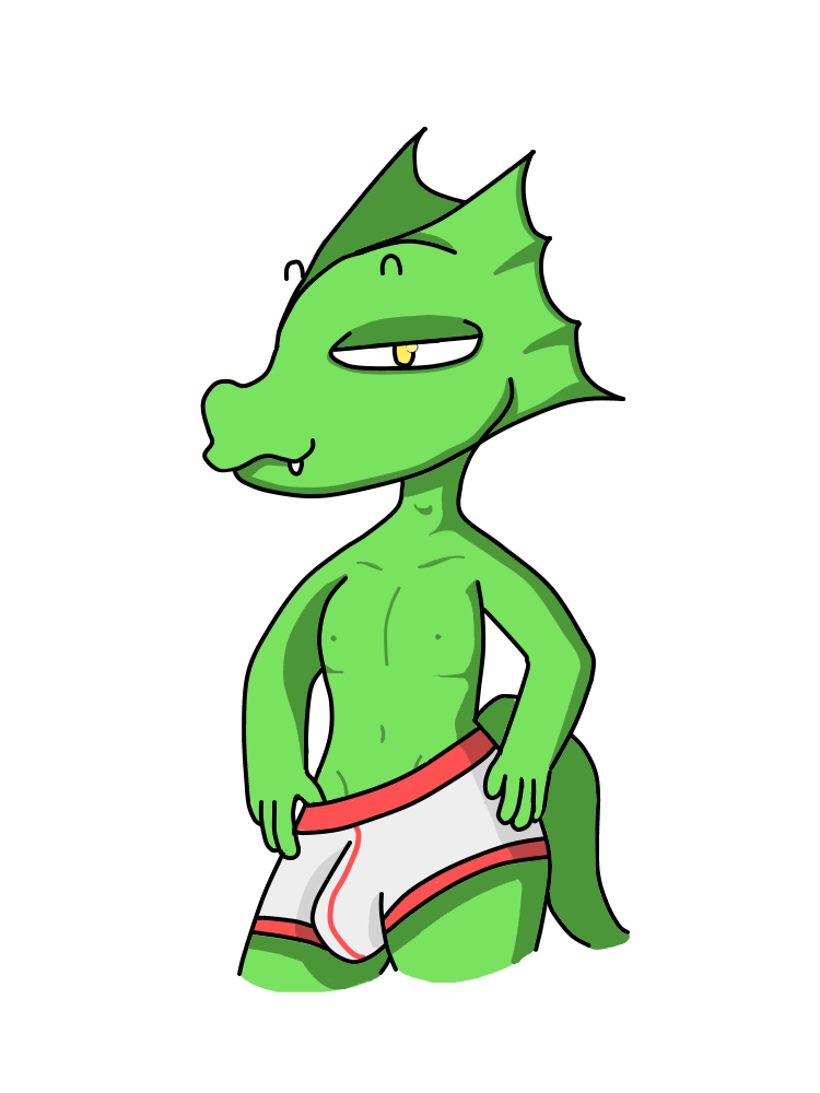 4_fingers bedroom_eyes boxer_briefs boxers_(clothing) bulge clothing fin fingers frill_(anatomy) front_view green_body green_skin half-closed_eyes lizard looking_at_viewer male miri-1017 portrait pose reptile saker scalie seductive smile smirk solo suggestive teasing teeth underwear