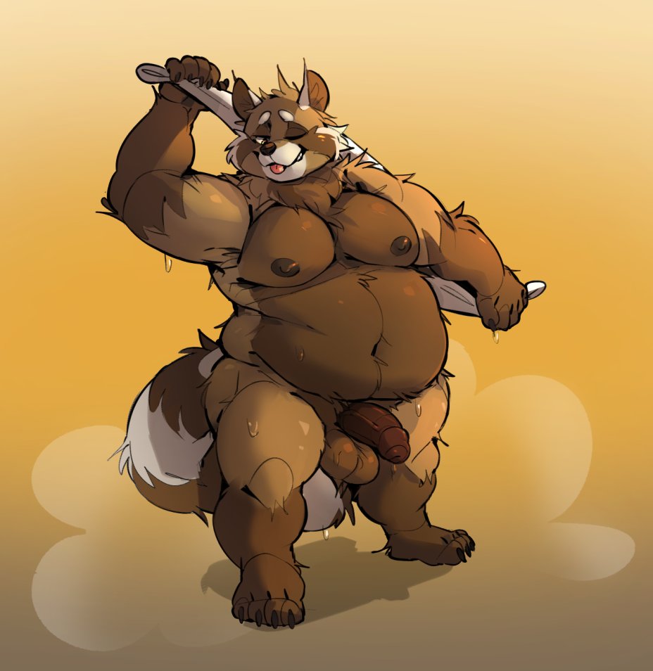 2019 anthro balls belly brown_body brown_fur canid canine flaccid fur glans humanoid_hands humanoid_penis male mammal moobs navel nipples one_eye_closed overweight overweight_male partially_retracted_foreskin penis raccoon_dog simple_background solo tanuki tongue tongue_out towel uncut wink zangusuu