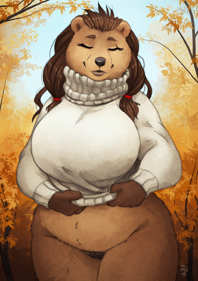 2019 5_fingers anthro autumn big_breasts bottomless breasts brown_body brown_fur brown_hair clothed clothing curvy_figure day detailed_background eyes_closed female fingers forest fur hair mammal nora_(tasanko) outside pussy sky smile solo sweater tas-alt tasanko thick_thighs topwear tree undressing ursid voluptuous wide_hips