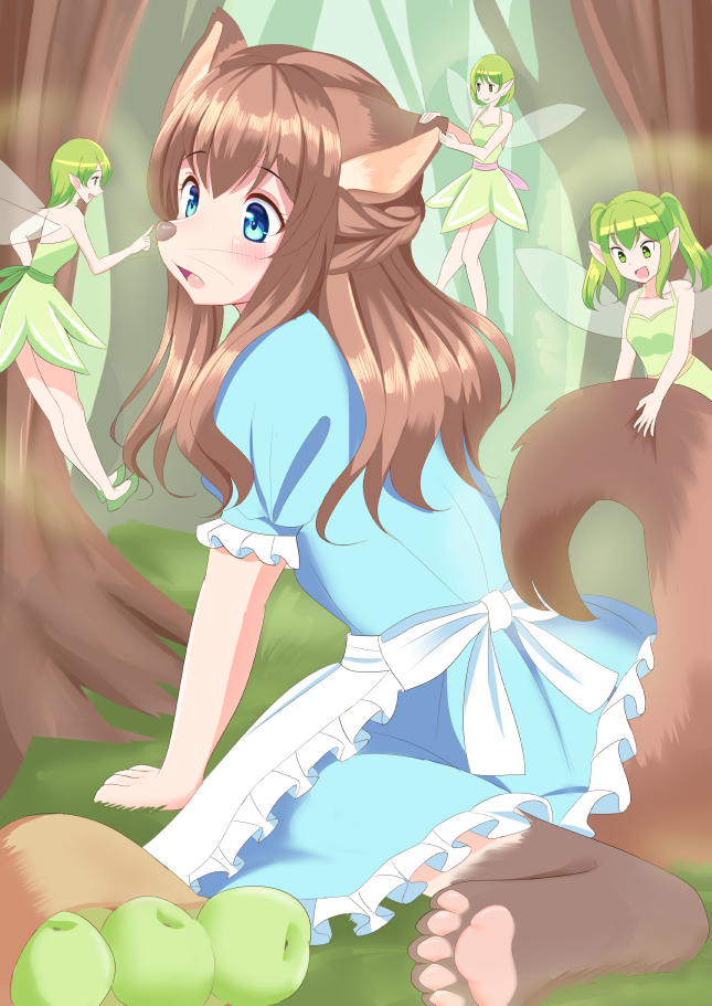 2019 apple blue_eyes blush brown_body brown_fur brown_hair brown_nose canid canine clothing dress fairy female flying food footwear fruit fur grass green_eyes green_hair group hair human humanoid humanoid_pointy_ears mammal open_mouth pawpads pigtails plant roina shoes size_difference smile snout solo_focus species_transformation surprise transformation tree whiskers winged_humanoid wings