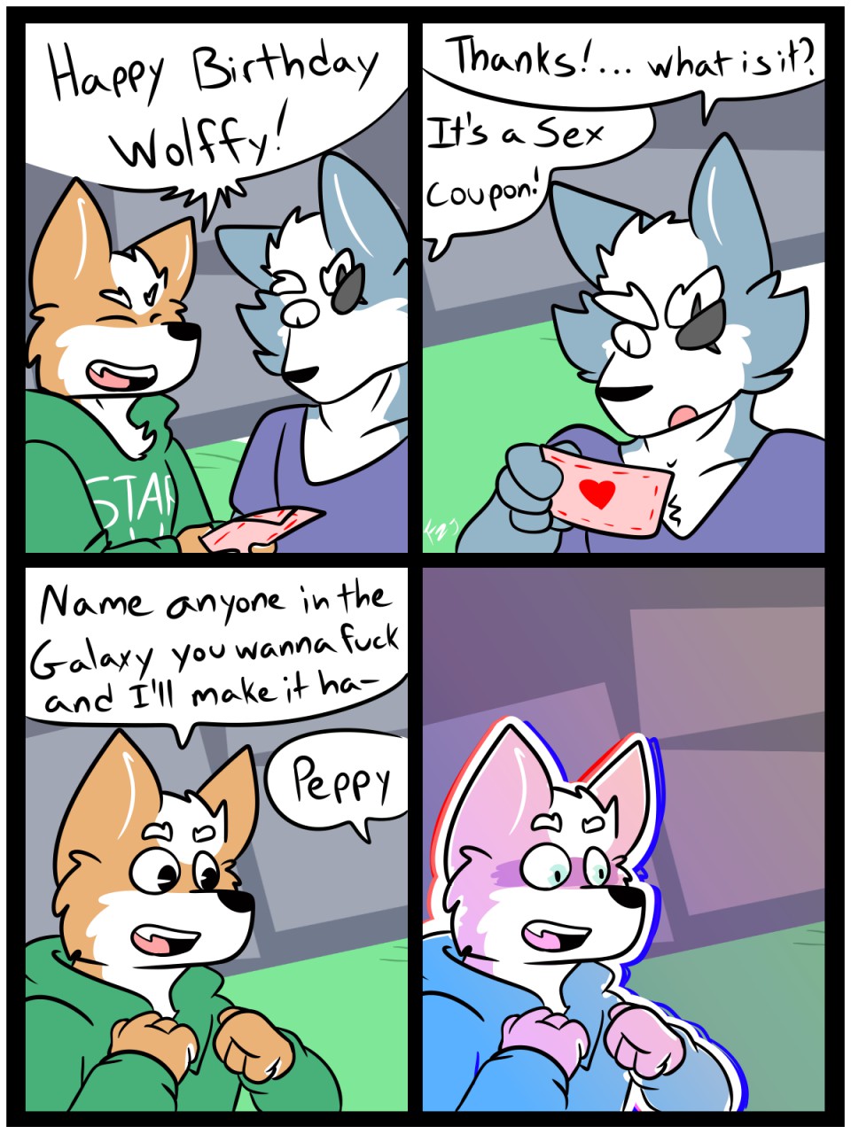 &lt;3 canid canine canis comic duo eye_patch eyewear fizzyjay fox fox_mccloud hi_res humor implied_homosexuality male mammal nintendo star_fox video_games wolf wolf_o'donnell