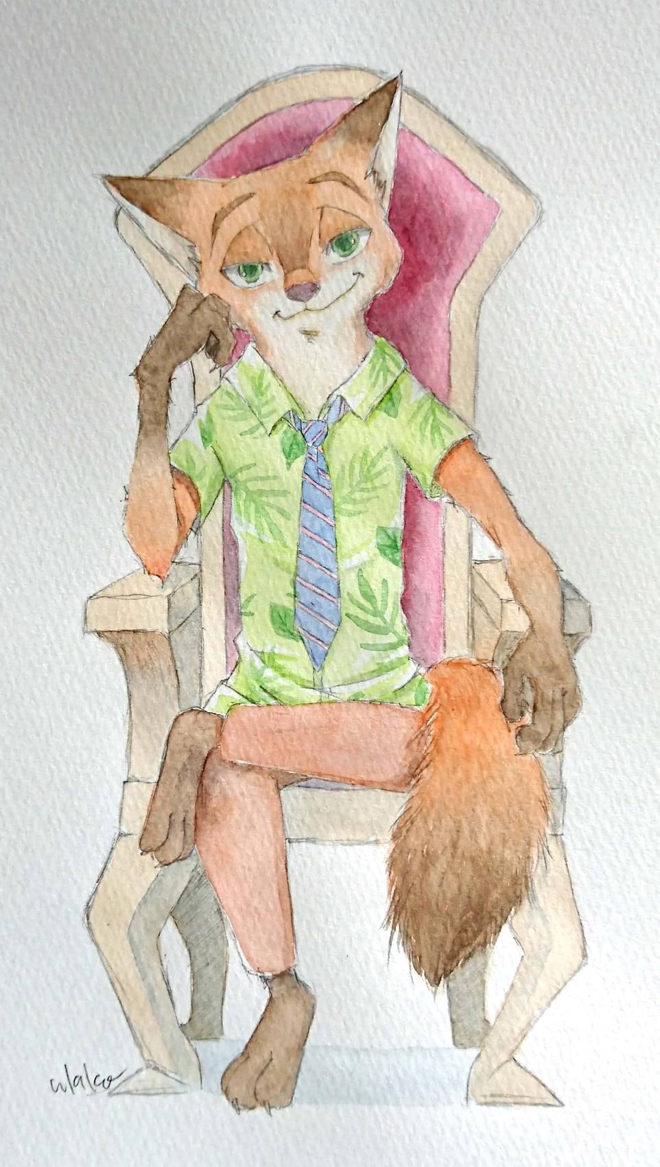 anthro arm_support barefoot bottomwear canid canine chair claws clothed clothing dipstick_ears disney fluffy fluffy_tail fox front_view fully_clothed fur furniture gloves_(marking) green_eyes hi_res leaning_on_elbow looking_at_viewer mammal markings multicolored_ears necktie nick_wilde orange_body orange_fur painting_(artwork) pants red_fox shirt simple_background sitting smile solo throne toe_claws topwear traditional_media_(artwork) ulako watercolor_(artwork) white_background zootopia