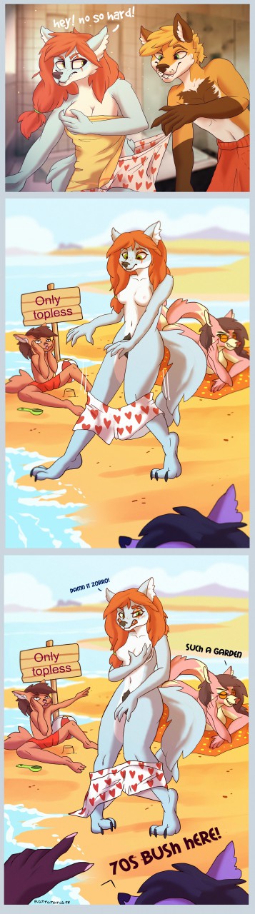 assisted_exposure beach brief_boxers clothing comic embarrassed female hi_res humiliation j-lia_(artist) male nude panties rubella_the_worgen seaside text underwear zorro