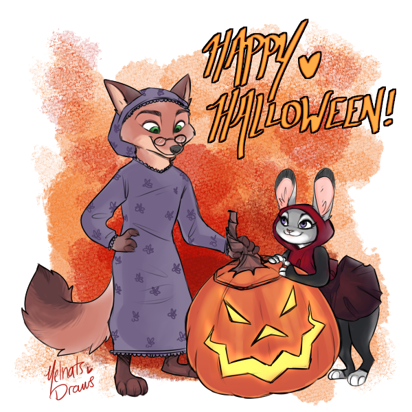 abstract_background anthro brown_body brown_fur canid canine claws clothed clothing costume dipstick_ears disney duo english_text eyewear fox fully_clothed fur glasses green_eyes grey_body grey_fur halloween holidays inner_ear_fluff jack-o'-lantern judy_hopps lagomorph leporid looking_at_another mammal multicolored_ears nick_wilde rabbit red_fox smile text toe_claws toeless_legwear tuft white_body white_fur yelnatsdraws zootopia