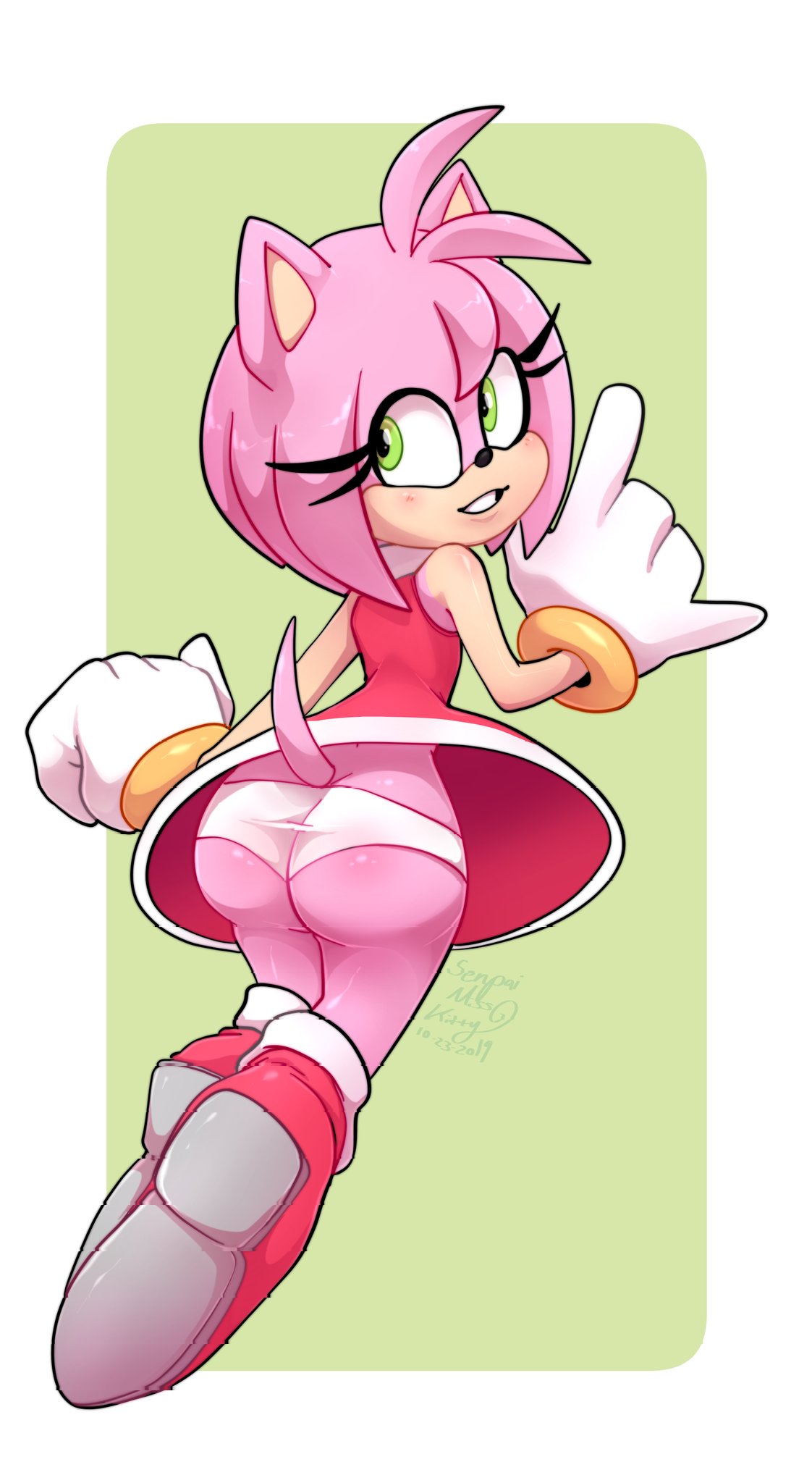 2019 amy_rose black_nose blush boots butt clothing dress eulipotyphlan footwear fur gloves green_eyes hair handwear hedgehog hi_res mammal panties pink_body pink_fur pink_hair senpaimisskitty_(artist) sonic_(series) tan_body tan_skin underwear