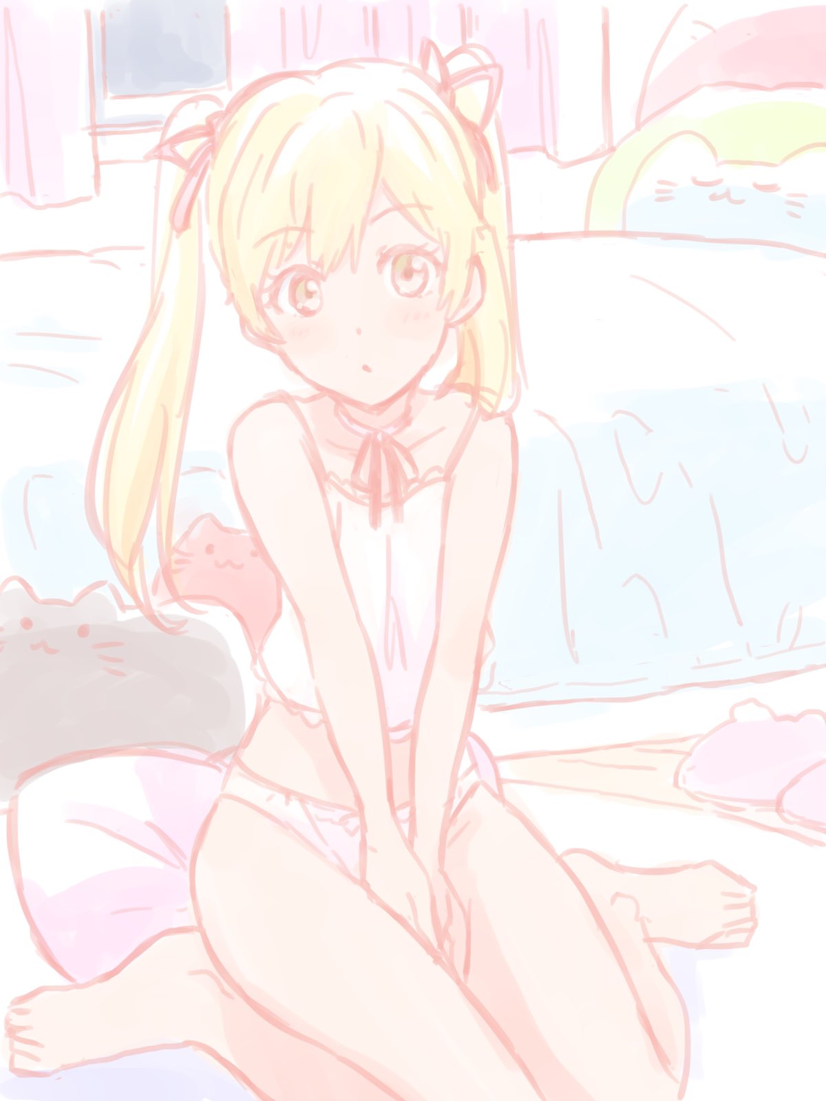 1girl bed blonde_hair character_request closed_mouth commentary highres hyakuen_raitaa long_hair looking_at_viewer panties solo underwear window