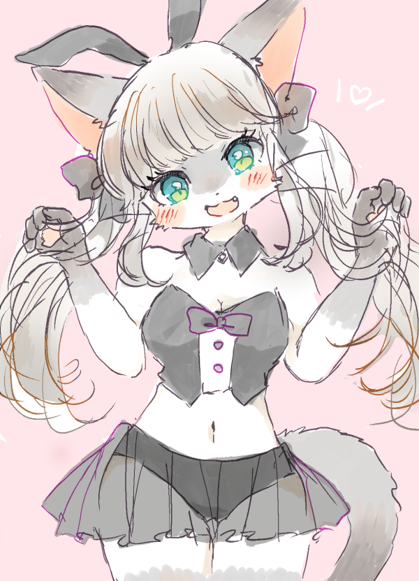 &lt;3 &lt;3_eyes 2019 4_fingers anthro big_breasts blue_eyes breasts cleavage clothed clothing domestic_cat felid feline felis female fingers fur grey_hair hair kemono long_hair looking_at_viewer mammal mineko_(artist) navel open_mouth open_smile pink_background simple_background smile solo standing white_body white_fur みねこ