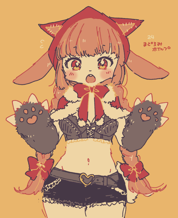 2019 anthro blush bovid caprine clothed clothing cute_fangs daww female fur goat hair japanese_text kemono long_hair mammal mineko_(artist) navel open_mouth orange_background orange_hair pawpads red_eyes simple_background solo standing text white_body white_fur young みねこ