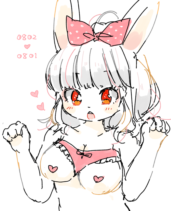 &lt;3 2019 4_fingers accessory anthro blush breasts clothing female fingers fur hair hair_accessory hair_bow hair_ribbon kemono lagomorph leporid long_hair mammal medium_breasts mineko_(artist) open_mouth panties pasties pink_bow rabbit red_eyes ribbons simple_background solo teeth underwear white_background white_body white_fur white_hair みねこ