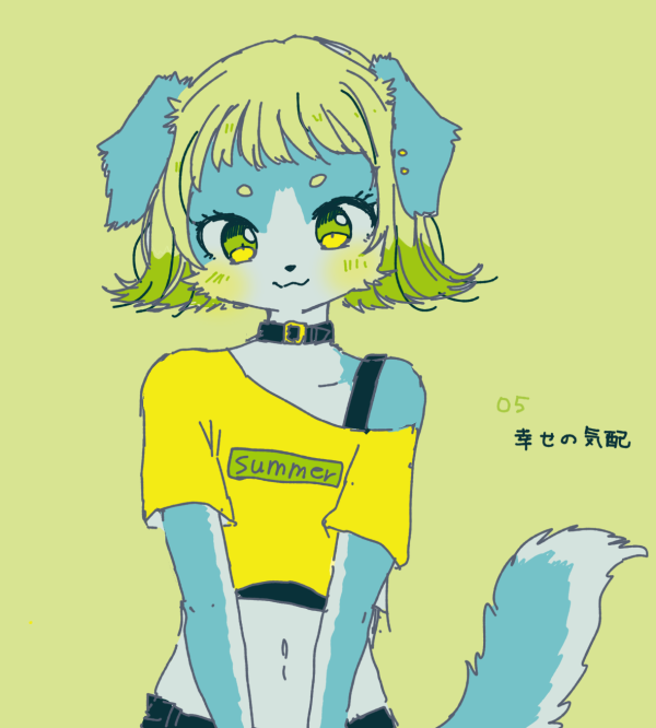 2019 anthro blue_body blue_fur blush canid canine canis clothed clothing domestic_dog english_text female fur green_background green_eyes green_hair hair japanese_text kemono looking_at_viewer mammal mineko_(artist) navel shirt simple_background solo standing text topwear yellow_clothing yellow_shirt yellow_topwear young みねこ