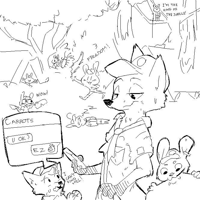 ! 1:1 ambiguous_gender anthro bite black_and_white blush bodily_fluids canid canine chibi clothed clothing cub dialogue disney english_text fox group hat headgear headwear holding_object holding_phone lagomorph leporid lying male mammal monochrome nick_wilde outside phone rabbit replytoanons rosie_(zootopia) sleeping sweat text texting tree uniform vertical_bar_eyes worried young zootopia