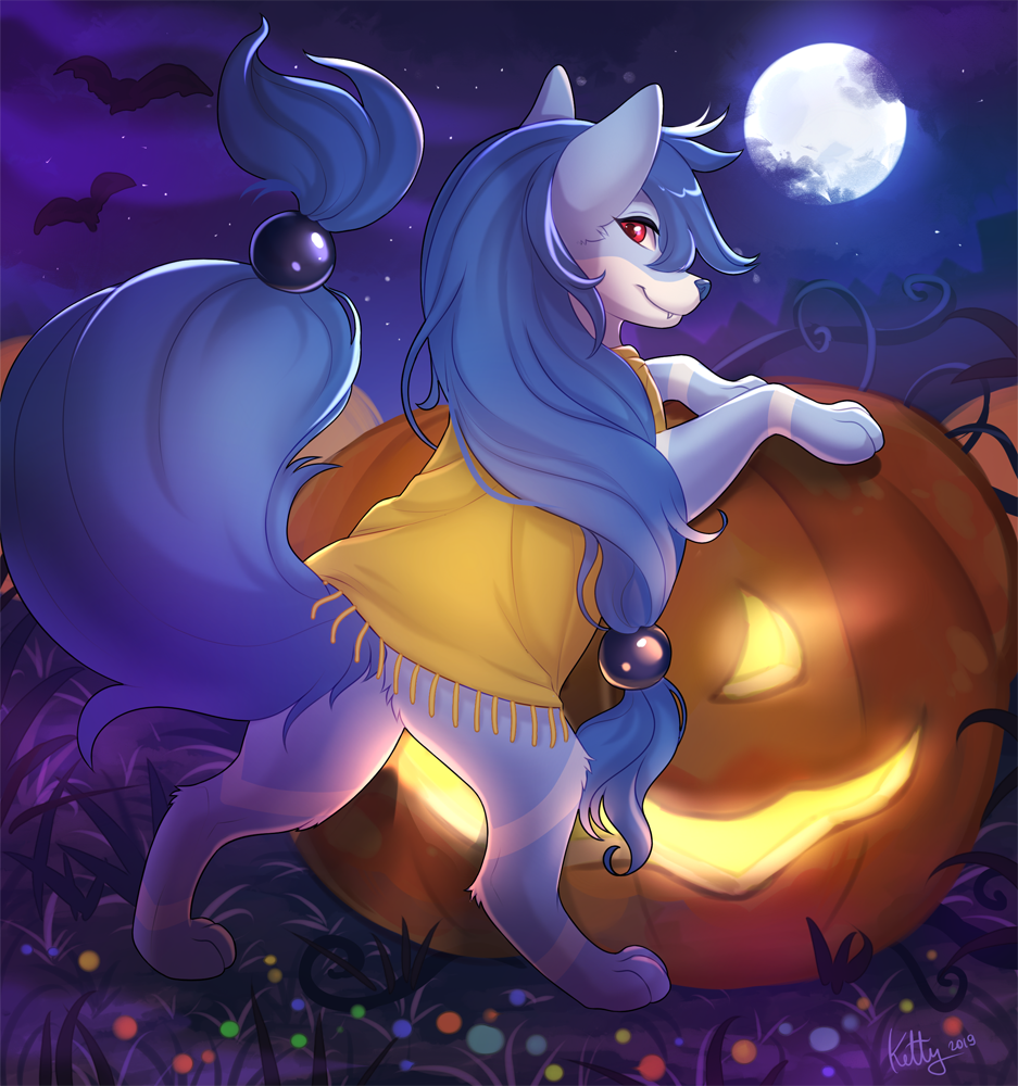 2019 blue_body blue_fur blue_hair detailed_background digital_media_(artwork) female feral food fruit full_moon fur hair halloween holidays jack-o'-lantern ketty legendary_pok&eacute;mon moon night nintendo outside paws plant pok&eacute;mon pok&eacute;mon_(species) pok&eacute;mon_gold_beta pumpkin red_eyes signature sky smile solo star starry_sky sui_(pok&eacute;mon_gold_beta) video_games