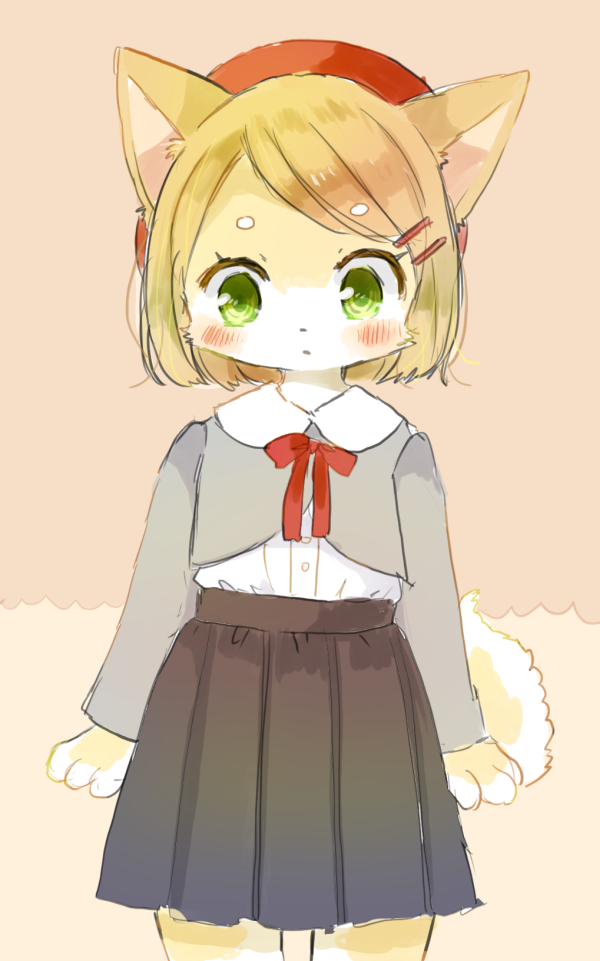 2019 anthro blonde_hair blush bottomwear clothed clothing domestic_cat felid feline felis female fur green_eyes hair hat headgear headwear kemono looking_at_viewer mammal mineko_(artist) red_clothing red_hat red_headwear red_ribbon shirt simple_background skirt solo standing topwear yellow_body yellow_fur young みねこ