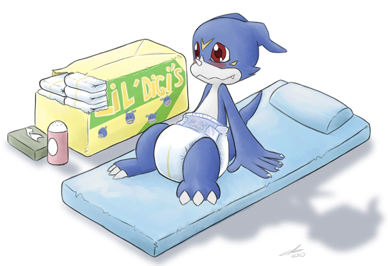 2010 ambiguous_gender baby_powder blue_body blue_skin blush carotte666 changing_mat claws diaper diaper_bag digimon digimon_(species) fangs pillow red_eyes simple_background sitting solo tissue tissue_box veemon white_background