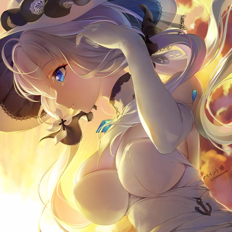 1girl azur_lane blue_eyes breasts cleavage cloud commentary_request dress dutch_angle elbow_gloves gloves hat illustrious_(azur_lane) lace-trimmed_headwear lace_trim large_breasts parted_lips profile strapless strapless_dress sun_hat sunset tri_tails white_dress white_gloves white_headwear youqiniang