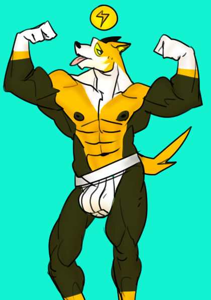 2019 abs anthro anthrofied areola biceps big_bulge big_muscles biped black_areola black_body black_nipples black_nose blep blue_background boltund bulge canid clothed clothing collarbone countershade_face countershade_torso countershading digital_drawing_(artwork) digital_media_(artwork) ears_back eye_markings facial_markings fingers fist flexing front_view gloves_(marking) green_body green_markings half-closed_eyes head_markings jagged_tail jockstrap lemonliger light lighting lightning_bolt looking_aside male mammal markings multicolored_body muscular muscular_male muscular_thighs muzzle_(marking) navel neck_muscles nintendo nipples pecs pictographics pink_tongue pivoted_ears pok&eacute;mon pok&eacute;morph portrait prick_ears quads shadow simple_background snout solo speech_bubble standing three-quarter_portrait tongue tongue_out topless triceps unamused underwear unknown_pok&eacute;mon video_games white_body white_clothing white_countershading white_markings white_underwear yellow_body yellow_countershading yellow_tail