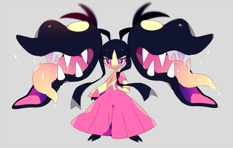 black_hair bodily_fluids crying drooling fangs grey_background hair mega_evolution mega_mawile multi_mouth nintendo pink_eyes pok&eacute;mon pok&eacute;mon_(species) pseudo_hair saliva simple_background tears tongue tongue_out video_games