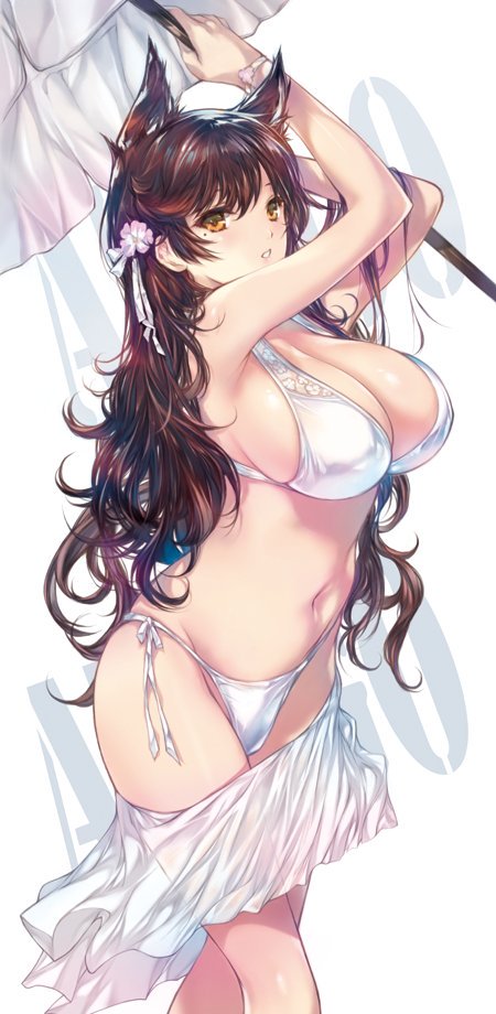 1girl animal_ears armpits arms_up atago_(azur_lane) azur_lane bikini blush breasts brown_hair character_name cleavage commentary_request flower hair_flower hair_ornament holding holding_umbrella large_breasts long_hair looking_at_viewer min-naraken navel parasol parted_lips pink_flower ribbon sarong side-tie_bikini simple_background solo standing stomach swimsuit umbrella very_long_hair white_background white_ribbon yellow_eyes