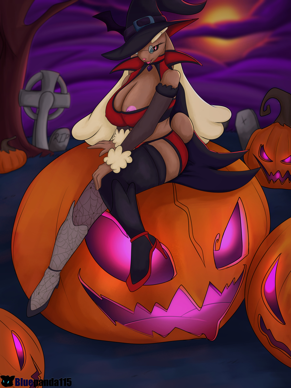 anthro big_breasts bluepanda115 breasts digital_media_(artwork) female food fruit halloween hi_res holidays lagomorph looking_at_viewer lopunny magic_user mammal nintendo nipples open_mouth plant pok&eacute;mon pok&eacute;mon_(species) pumpkin smile video_games witch