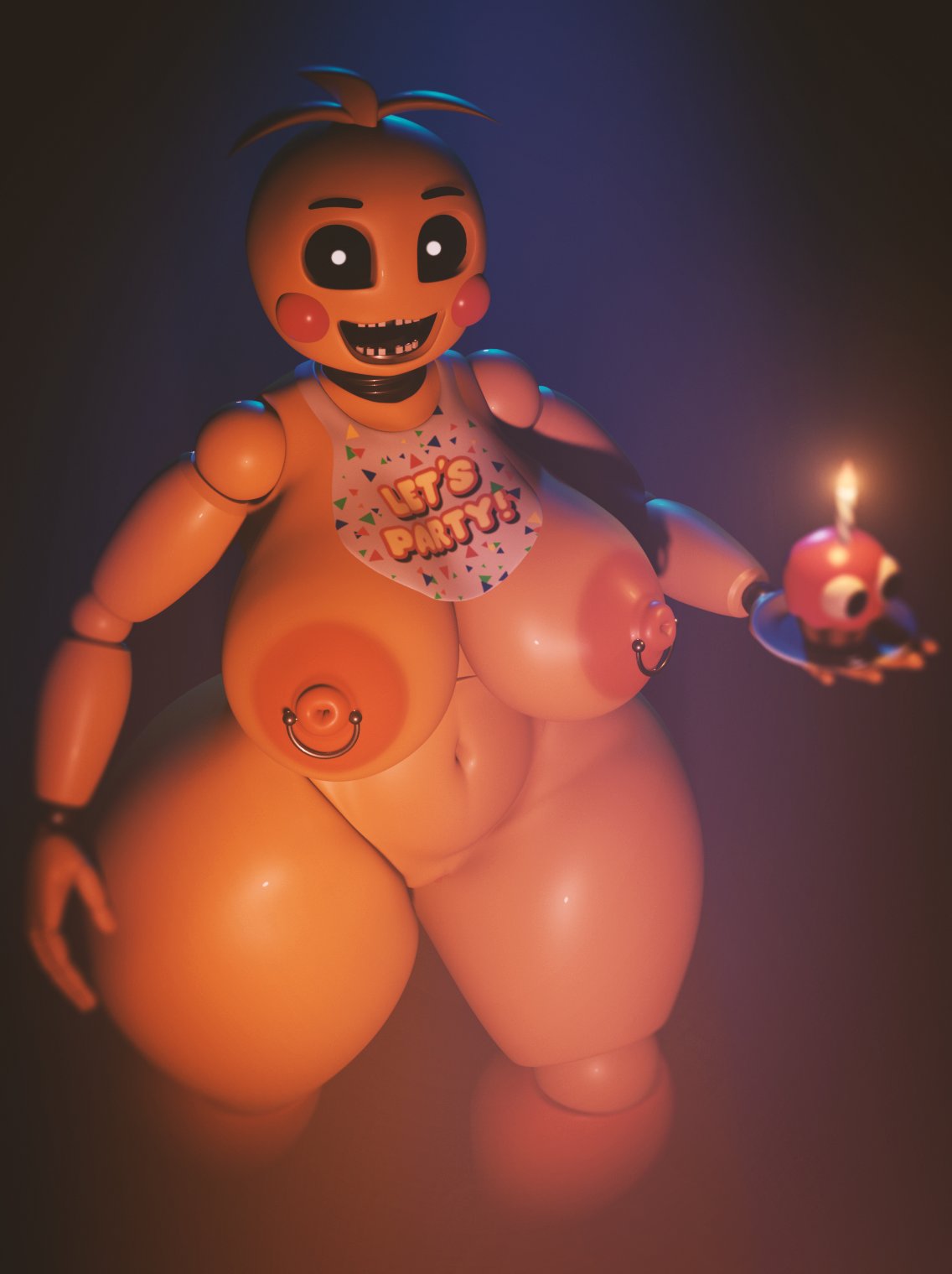 2019 3d_(artwork) 5_fingers animatronic areola avian bib big_breasts biped bird black_sclera blush blush_stickers breasts chicken cupcake_(fnaf) curvy_figure digital_media_(artwork) doll_joints english_text female fingers five_nights_at_freddy's five_nights_at_freddy's_2 front_view galliform gallus_(genus) head_tuft hi-angle_view hi_res huge_breasts humanoid_hands looking_at_viewer machine makeup mostly_nude navel nipple_piercing nipples non-mammal_breasts noseless open_mouth open_smile orange_areola orange_nipples phasianid piercing portrait robot runabo smile solo standing teeth text thick_thighs three-quarter_portrait toy_chica_(fnaf) tuft video_games voluptuous white_pupils wide_hips yellow_body