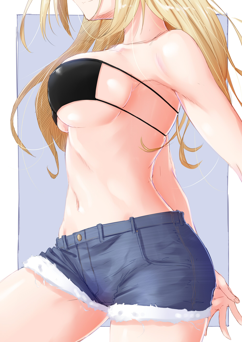 1girl blonde_hair blue_background border breasts cleavage commentary_request cowboy_shot cutoffs eyepatch_bikini head_out_of_frame highres large_breasts long_hair navel niwatazumi original smile solo white_border