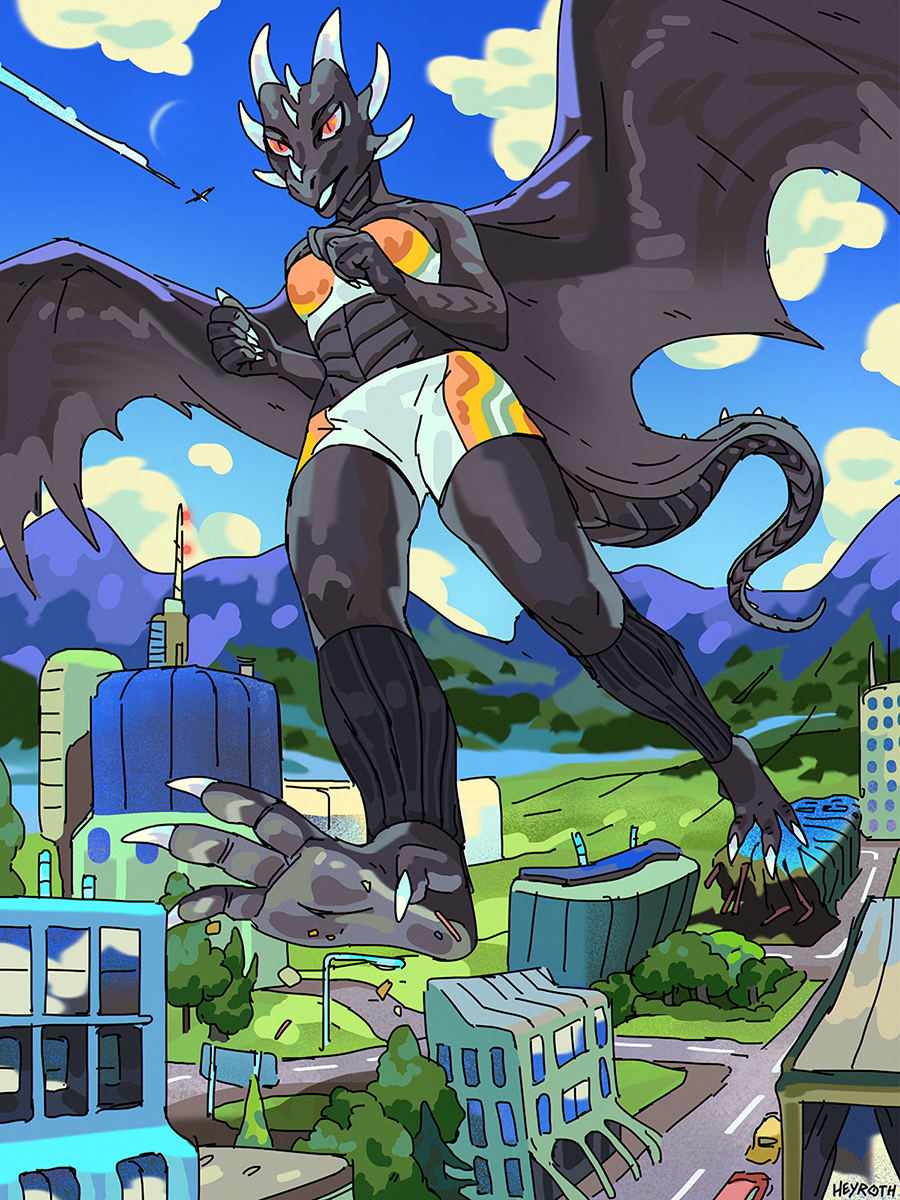 anthro bra building celshade city cityscape claws clothing dragon drawain exercise female hi_res jogging landscape macro malfressa running scalie solo sports_bra toes track_shorts trampling underwear