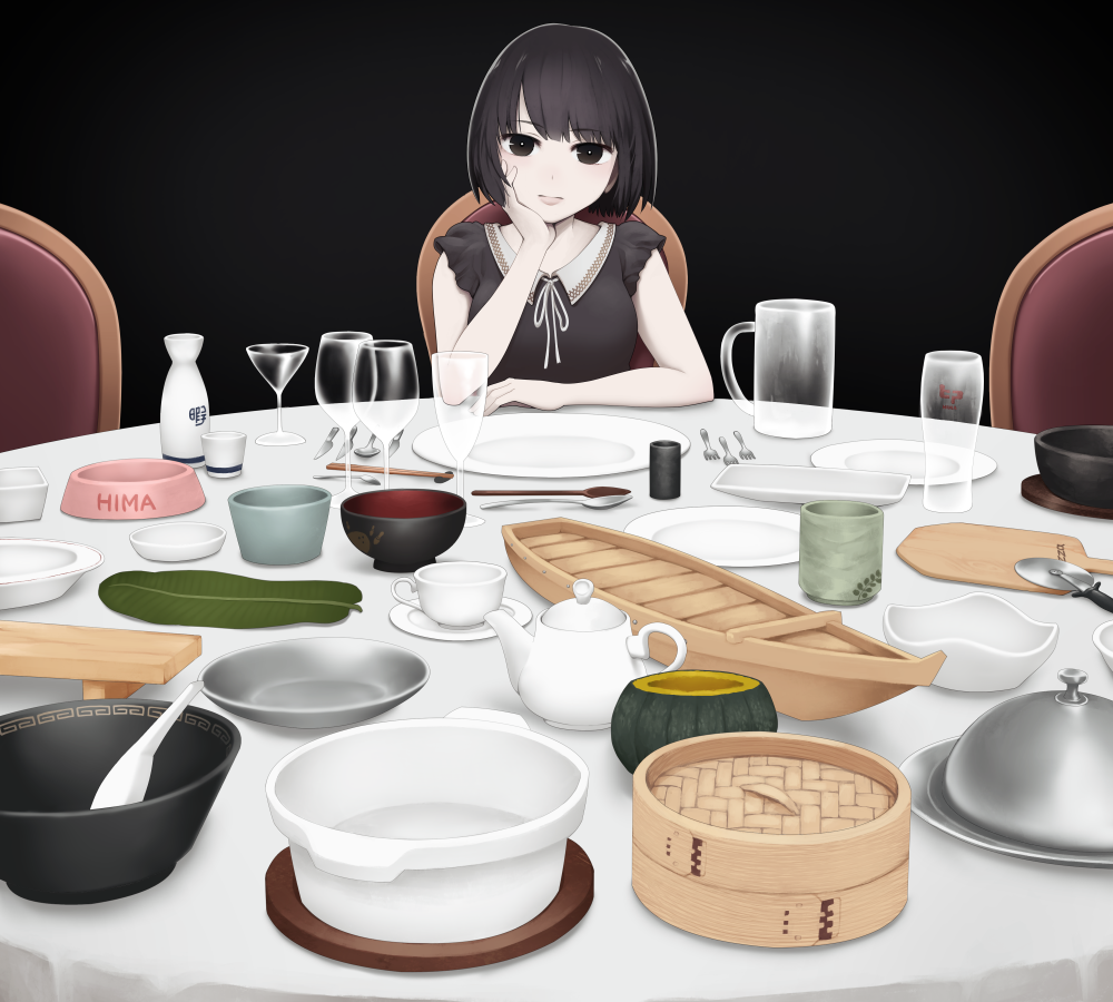 1girl bamboo_steamer bangs black_background black_eyes black_hair boat_(tableware) bob_cut bottle bowl breasts ceramics champagne_flute closed_mouth cocktail_glass commentary_request cup dish drinking_glass elbows_on_table fork fruit_cup hand_on_own_cheek head_rest knife leaf looking_at_viewer mug original peel_(tool) pet_bowl pizza_cutter plate pot pumpkin sake_bottle saucer serving_dome simple_background solo spoon table tablecloth teapot tokkuri transparent tray wine_glass yajirushi_(chanoma) yunomi