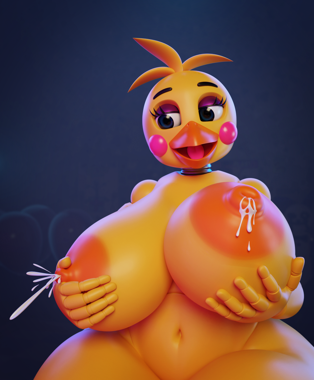 2019 3d_(artwork) 5_fingers animatronic areola avian beak big_breasts biped bird blue_eyes blush blush_stickers bodily_fluids breasts chicken curvy_figure digital_media_(artwork) doll_joints eyelashes eyeliner female fingers five_nights_at_freddy's five_nights_at_freddy's_2 front_view galliform gallus_(genus) half-closed_eyes half-length_portrait head_tuft hi_res holding_breast huge_breasts humanoid_hands lactating machine makeup milk navel nipples non-mammal_breasts nude open_beak open_mouth open_smile orange_areola orange_nipples phasianid portrait robot runabo smile solo tongue toy_chica_(fnaf) tuft video_games voluptuous wide_hips yellow_body