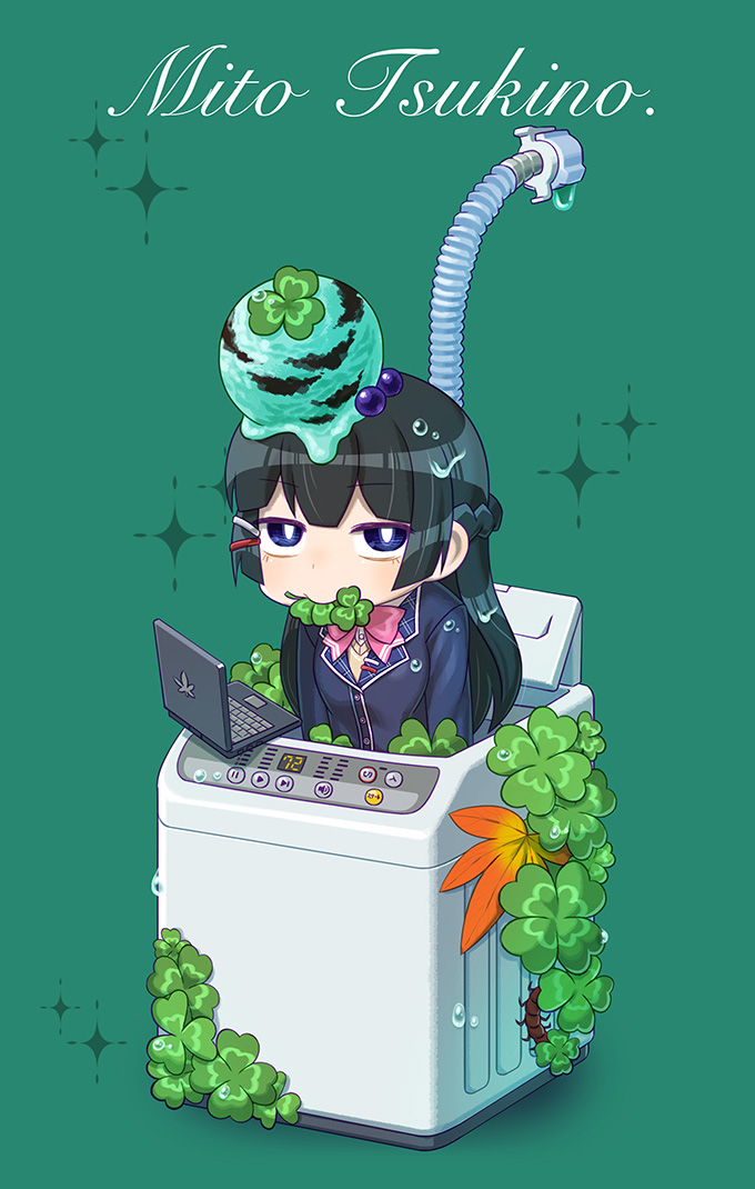 1girl :&gt; bangs black_hair blazer blue_eyes bow bowtie breasts bug centipede chaki_(teasets) character_name clover commentary_request computer food green_background half-closed_eyes ice_cream in_container jacket laptop long_hair long_sleeves looking_at_viewer mouth_hold nijisanji pink_neckwear shiny shiny_hair single_scoop small_breasts solo tsukino_mito v-neck virtual_youtuber washing_machine wet wet_clothes wet_hair white_pupils