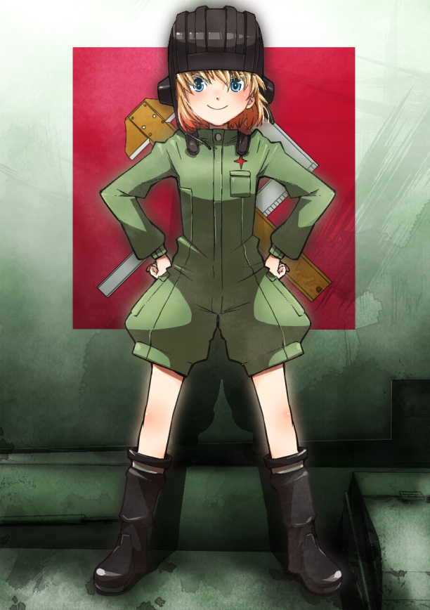 1girl bangs black_footwear black_headwear blonde_hair blue_eyes boots closed_mouth commentary_request ei_(akinosakae) emblem girls_und_panzer green_jumpsuit hands_on_hips helmet jumpsuit katyusha long_sleeves looking_at_viewer pravda_(emblem) pravda_military_uniform short_hair short_jumpsuit smile solo standing tank_helmet