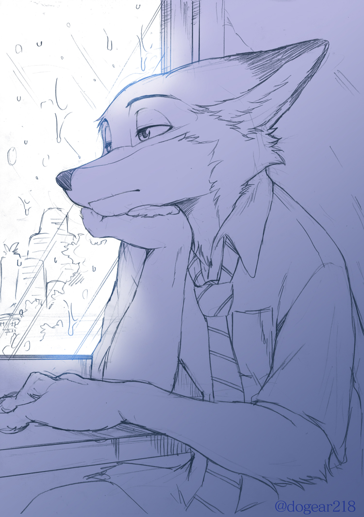 anthro arm_support black_nose building canid canine cheek_tuft city clothed clothing dipstick_ear disney dogear218 face_tuft fox glass inner_ear_fluff inside leaning_on_elbow light lighting mammal necktie nick_wilde raining shirt sitting sketch solo topwear tree tuft window zootopia