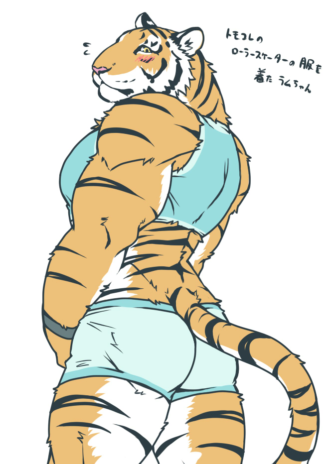 anthro barazoku blush butt clothed clothing cosplay felid fur giraffe_(artist) japanese_text kemono lam-chan looking_at_viewer looking_back male mammal multicolored_body multicolored_fur muscular muscular_male pantherine pink_nose rear_view simple_background solo striped_body striped_fur stripes text tiger tomodachi_life translated white_background