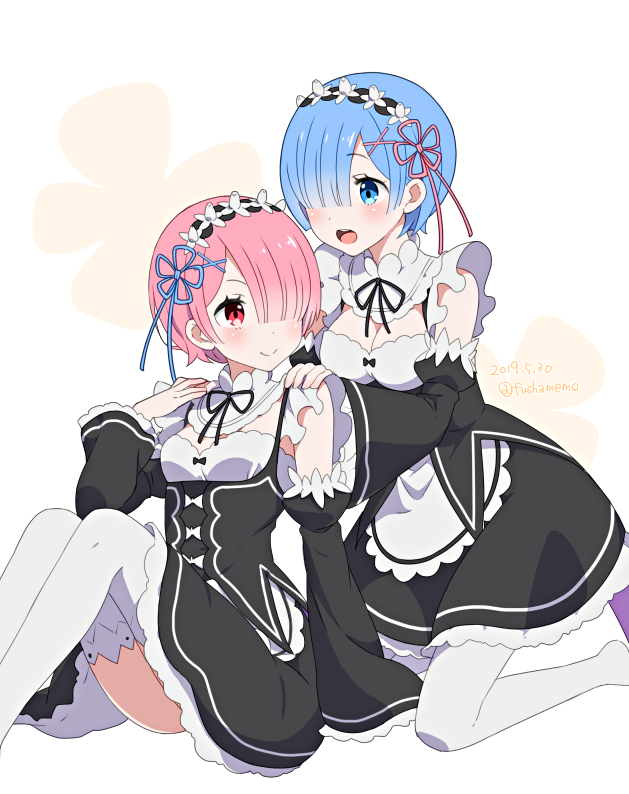2girls :d apron bangs black_dress black_ribbon black_sleeves blue_eyes blue_hair blue_ribbon blush breasts cleavage closed_mouth commentary_request dated detached_sleeves dress eyebrows_visible_through_hair fuusha hair_ornament hair_over_one_eye hair_ribbon hairclip hands_on_another's_shoulders juliet_sleeves kneeling knees_up long_sleeves medium_breasts multiple_girls neck_ribbon no_shoes open_mouth pink_hair pink_ribbon puffy_sleeves ram_(re:zero) re:zero_kara_hajimeru_isekai_seikatsu red_eyes rem_(re:zero) ribbon siblings sisters sitting sleeveless sleeveless_dress small_breasts smile thighhighs twins twitter_username upper_teeth waist_apron white_apron white_legwear wide_sleeves x_hair_ornament