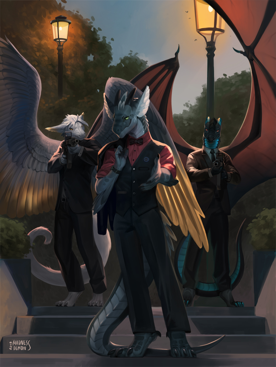2019 anthro clothed clothing digitigrade dragon erise_(character) fur furred_dragon green_eyes gun hair hi_res illarion_(character) kaspar_(character) lights madness_demon male night outside ranged_weapon red_eyes scenery suit teeth weapon wings yellow_eyes