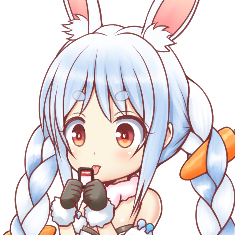 1girl animal_ear_fluff animal_ears bangs bare_shoulders black_gloves blue_hair blush bunny-shaped_pupils bunny_ears carrot_hair_ornament commentary_request eyebrows_visible_through_hair food_themed_hair_ornament fur-trimmed_gloves fur_collar fur_trim gloves hair_ornament holding hololive ki_(kk-sk-ray) multicolored_hair red_eyes short_eyebrows simple_background solo strapless thick_eyebrows tongue tongue_out two-tone_hair upper_body usada_pekora virtual_youtuber white_background white_hair