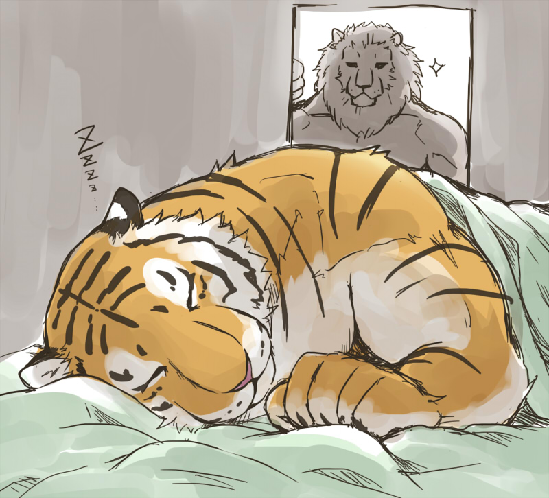 5_fingers anthro being_watched duo eyes_closed felid fingers fur giraffe_(artist) lam-chan lion lion-san looking_at_another lying male male/male mammal multicolored_body multicolored_fur pantherine simple_background sleeping sound_effects striped_body striped_fur stripes tiger zzz