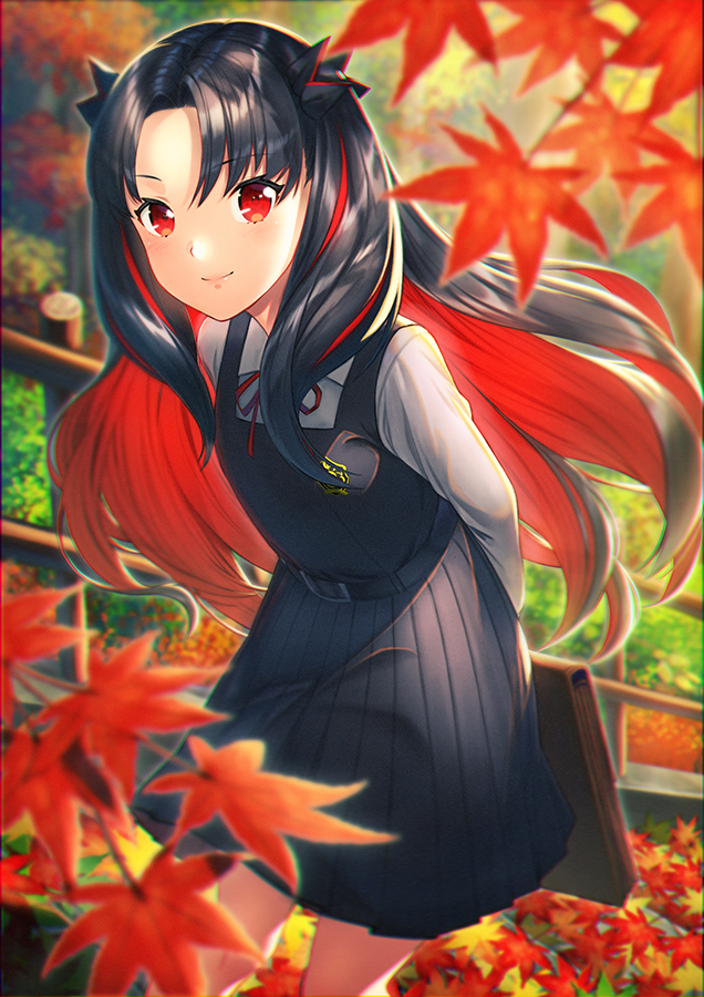 1girl arms_behind_back autumn autumn_leaves bangs belt_buckle black_dress black_hair black_ribbon blurry blurry_foreground blush buckle closed_mouth commentary_request day depth_of_field dress eyebrows_visible_through_hair fate/grand_order fate_(series) feet hair_ribbon holding ishtar_(fate/grand_order) kyon_(fuuran) leaf leaning_forward long_hair long_sleeves looking_at_viewer maple_leaf multicolored_hair outdoors parted_bangs pinafore_dress railing red_eyes red_hair red_ribbon ribbon school_briefcase school_uniform shirt smile solo space_ishtar_(fate) standing two-tone_hair two_side_up very_long_hair white_shirt