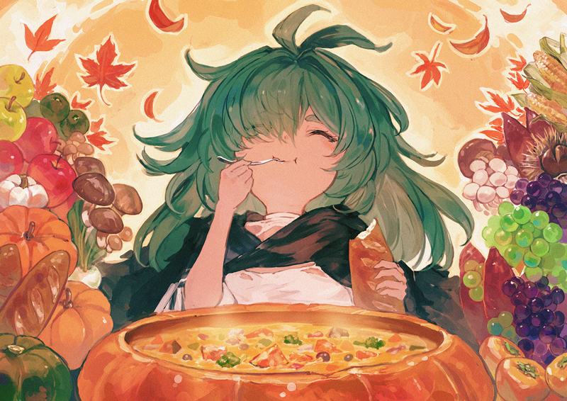 1girl apple bread cloak closed_eyes corn eating eyes_visible_through_hair food fruit granblue_fantasy grapes green_hair kolulu_(granblue_fantasy) leaf maple_leaf messy_hair mushroom official_art persimmon pumpkin solo steam stew sweet_potato thick_eyebrows