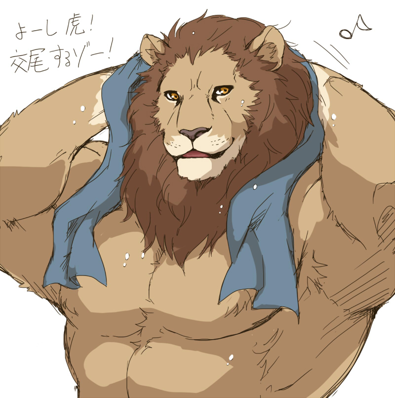 abs armpit_hair athletic barazoku biceps big_muscles body_hair brown_body brown_fur felid fur giraffe_(artist) japanese_text lion lion-san male mammal mane muscular muscular_male musical_note pantherine pecs simple_background solo text towel towel_around_neck translated translation_check white_background