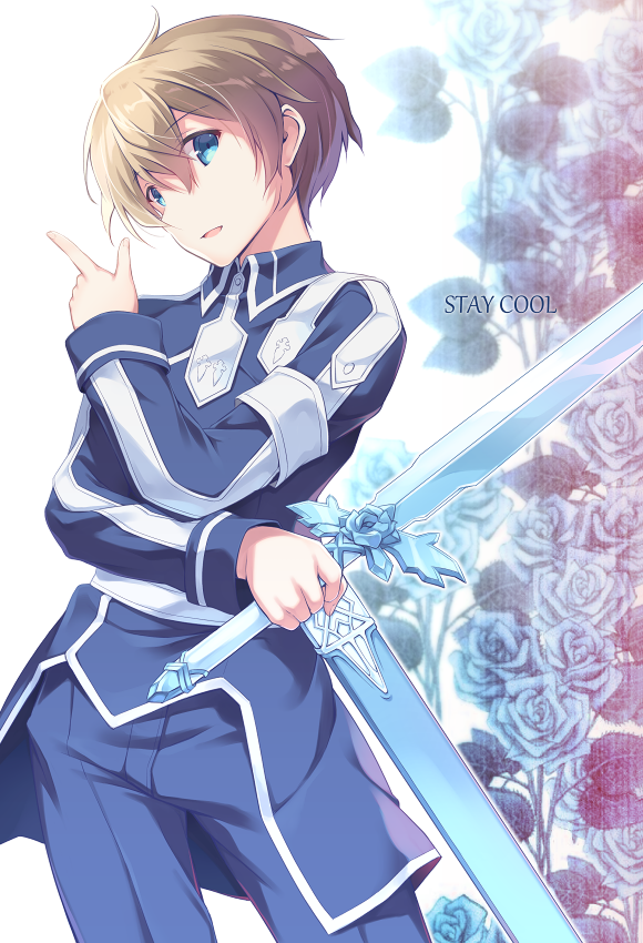1boy bangs blonde_hair blue_eyes blue_flower blue_jacket blue_pants commentary_request english_text eugeo eyebrows_visible_through_hair flower hair_between_eyes holding holding_sword holding_weapon itoichi. jacket long_sleeves looking_at_viewer male_focus pants parted_lips solo sword sword_art_online_alicization weapon