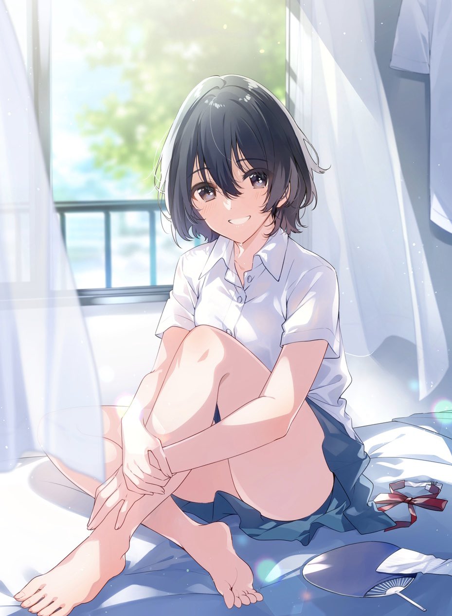 1girl :d bangs bare_legs barefoot bed bed_sheet black_eyes black_hair blue_skirt blurry blurry_background blush collared_shirt curtains day depth_of_field dress_shirt earrings fan feet full_body grin hair_between_eyes highres indoors jewelry knee_up looking_back miniskirt on_bed open_mouth original own_hands_together paper_fan red_ribbon ribbon shirt short_hair short_sleeves skirt smile solo teeth u35 uchiwa white_shirt window wing_collar