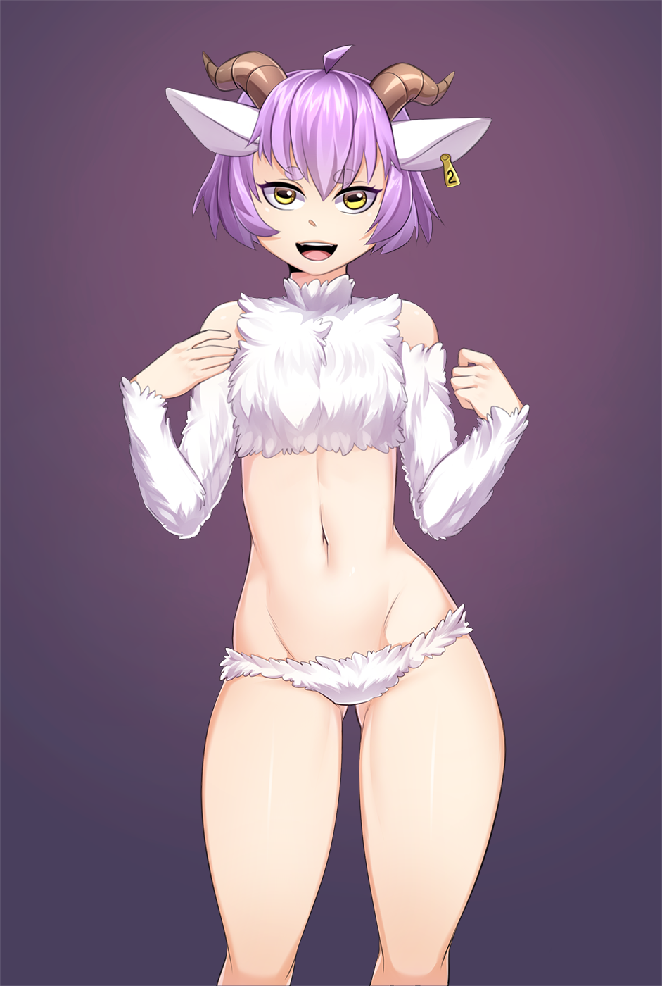 1girl :d animal_ears ass_visible_through_thighs bangs bare_shoulders commentary english_commentary eyebrows_visible_through_hair fur groin highres horizontal_pupils horns iwbitu-sa looking_at_viewer navel open_mouth original purple_hair sheep_ears sheep_girl sheep_horns short_hair simple_background smile solo stomach thighs white_fur yellow_eyes