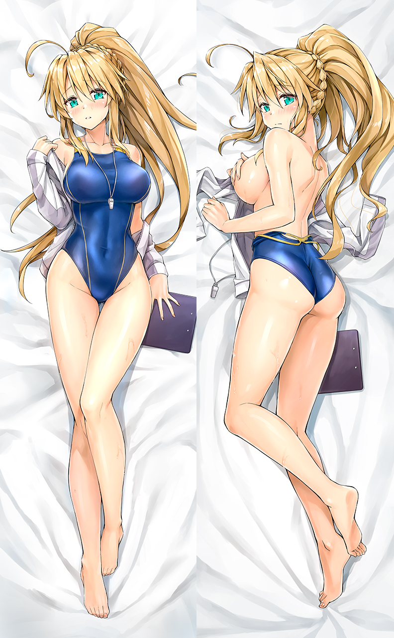 1girl ahoge artoria_pendragon_(all) artoria_pendragon_(lancer) ass bangs barefoot blush breasts collarbone competition_swimsuit cosplay covered_navel covering covering_one_breast dakimakura fate/grand_order fate_(series) from_above groin hair_between_eyes highres jacket jeanne_d'arc_(fate)_(all) jeanne_d'arc_(swimsuit_archer) jeanne_d'arc_(swimsuit_archer)_(cosplay) kotatsu_(kotatsu358) large_breasts long_hair looking_at_viewer multiple_views one-piece_swimsuit shiny shiny_skin solo swimsuit swimsuit_pull toes very_long_hair wet whistle whistle_around_neck