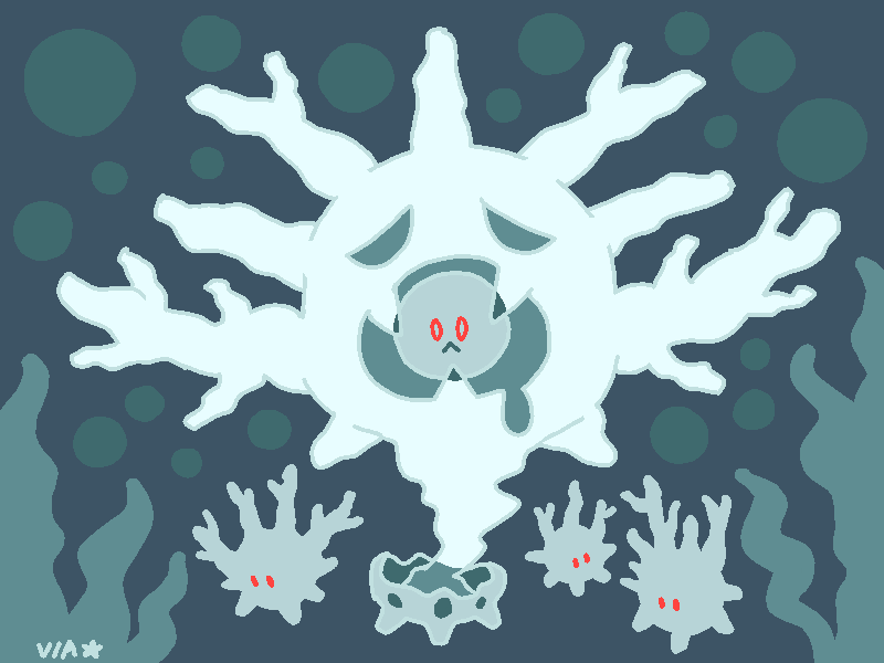 2019 2_heads 2_mouths 4_eyes 4_legs :&lt; aliasing ambiguous_gender anthozoan blue_background blue_eyes blue_theme bodily_fluids bubble cnidarian cool_colors corsola_(galar_form) cursola digital_drawing_(artwork) digital_media_(artwork) drooling empty_eyes evolutionary_family fangs feral frown ghost grey_body group kelp level_difference marine multi_eye multi_head multi_mouth nintendo open_frown open_mouth pok&eacute;mon quadruped red_eyes regional_variant sad saliva simple_background size_difference spirit starozoa tendrils underwater unknown_pok&eacute;mon video_games water white_body