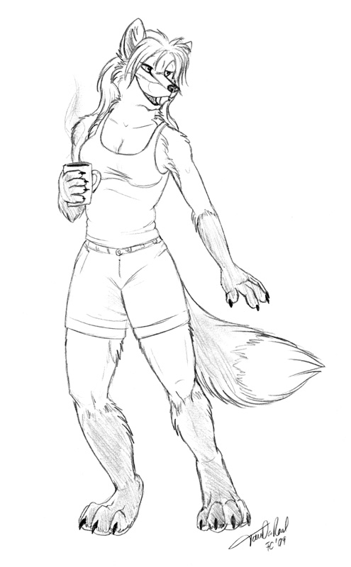 2009 anthro breasts canid canine cleavage clothed clothing conditional_dnp cup dipstick_tail female fox fur gloves_(marking) hair half-closed_eyes jazmyn jazmyn's_world leg_markings mammal markings multicolored_tail open_mouth shirt socks_(marking) solo tani_da_real tank_top topwear