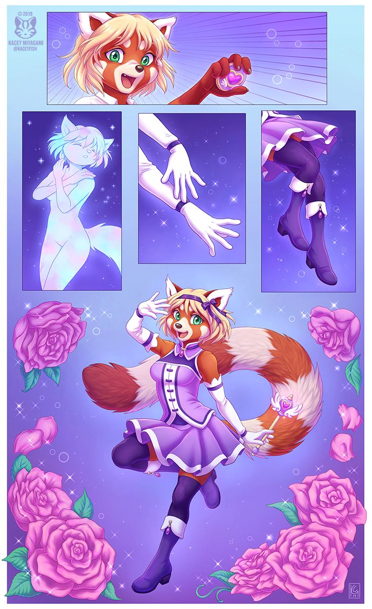 2019 ailurid anthro armwear blonde_hair boots bottomwear clothing comic elbow_gloves female flower footwear gloves green_eyes hair handwear hi_res kacey magical_girl_outfit mammal open_mouth open_smile plant red_panda ringtail rose_(flower) short_hair simple_background skirt smile solo topwear transformation_sequence wand