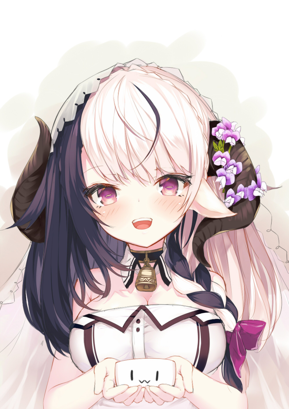 1girl animal_ears bell bell_choker black_hair blush bow braid breasts choker cleavage cow_bell cow_ears flower hair_flower hair_ornament highres long_hair looking_at_viewer medium_breasts multicolored_hair open_mouth original purple_eyes red_bow solo two-tone_hair upper_body veil white_hair yuui_hutabakirage